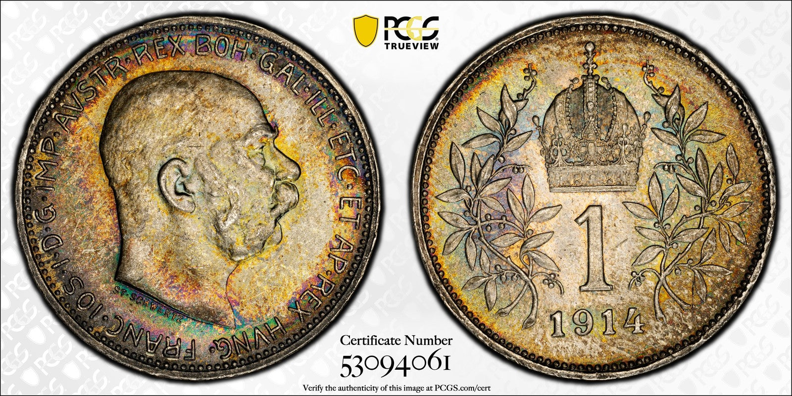 1914 (MS65) Austria Franz Joseph Silver 1 Corona PCGS - RAINBOW TONED GEM