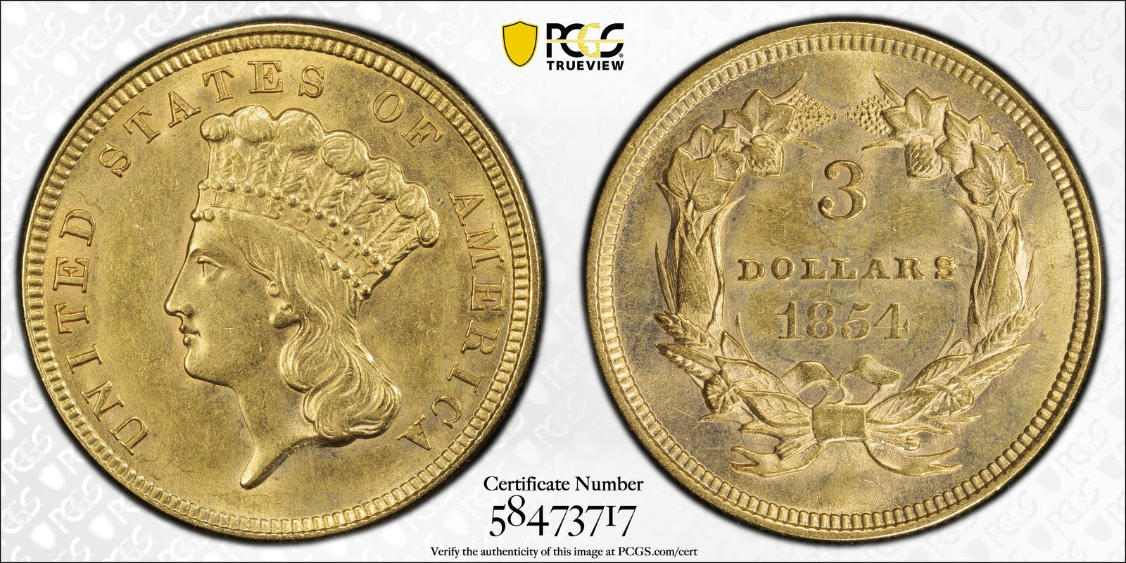 1854 (AU58) Indian Princess Three Dollar Gold Piece $3 PCGS - Beautiful