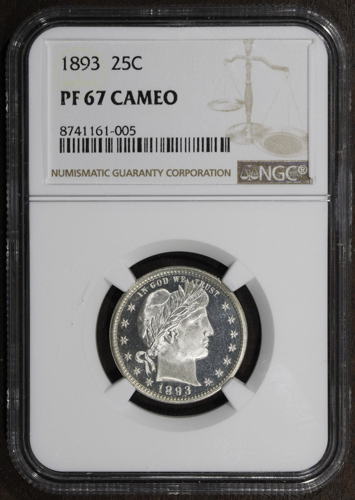 1893 (PF67 CAMEO) Proof Barber Quarter 25C NGC - Great Contrast