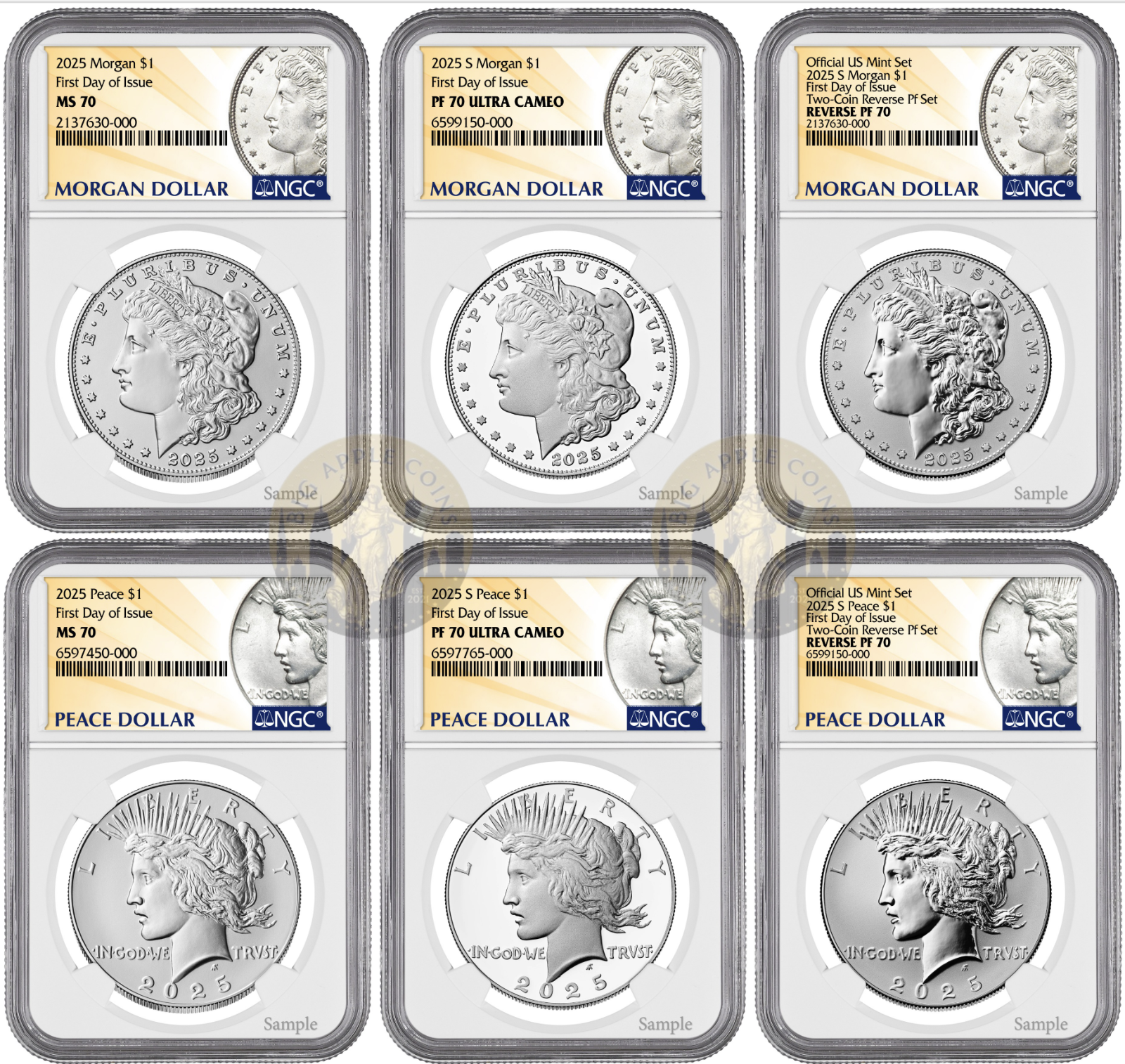 2025 (MS/PF/RP70) Six 6-Coin Set $1 Morgan & Peace Silver Dollar NGC FDOI First