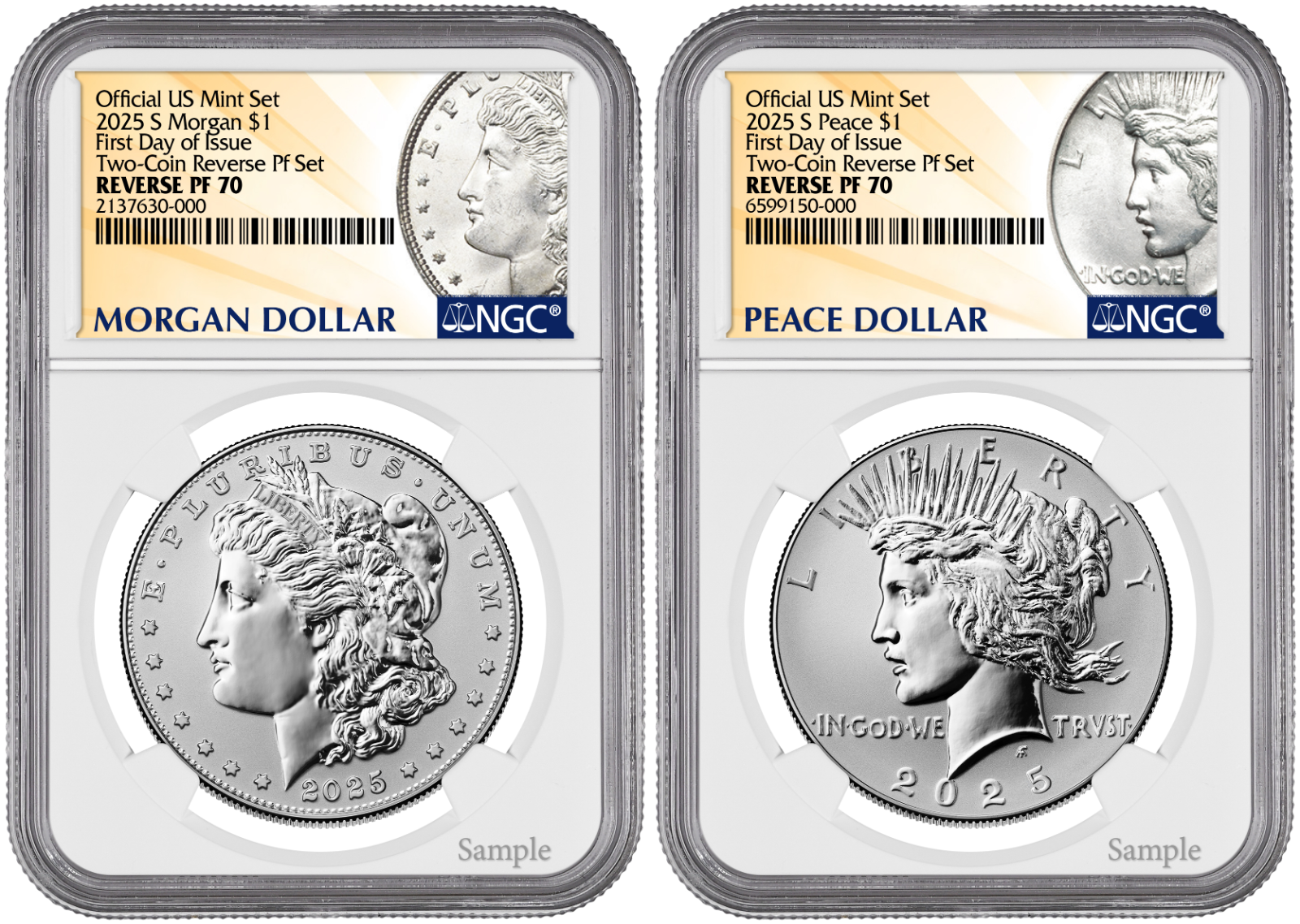 2025-S (PF70) Reverse Proof Morgan & Peace Silver Dollar (2 Coin Set) FDOI NGC