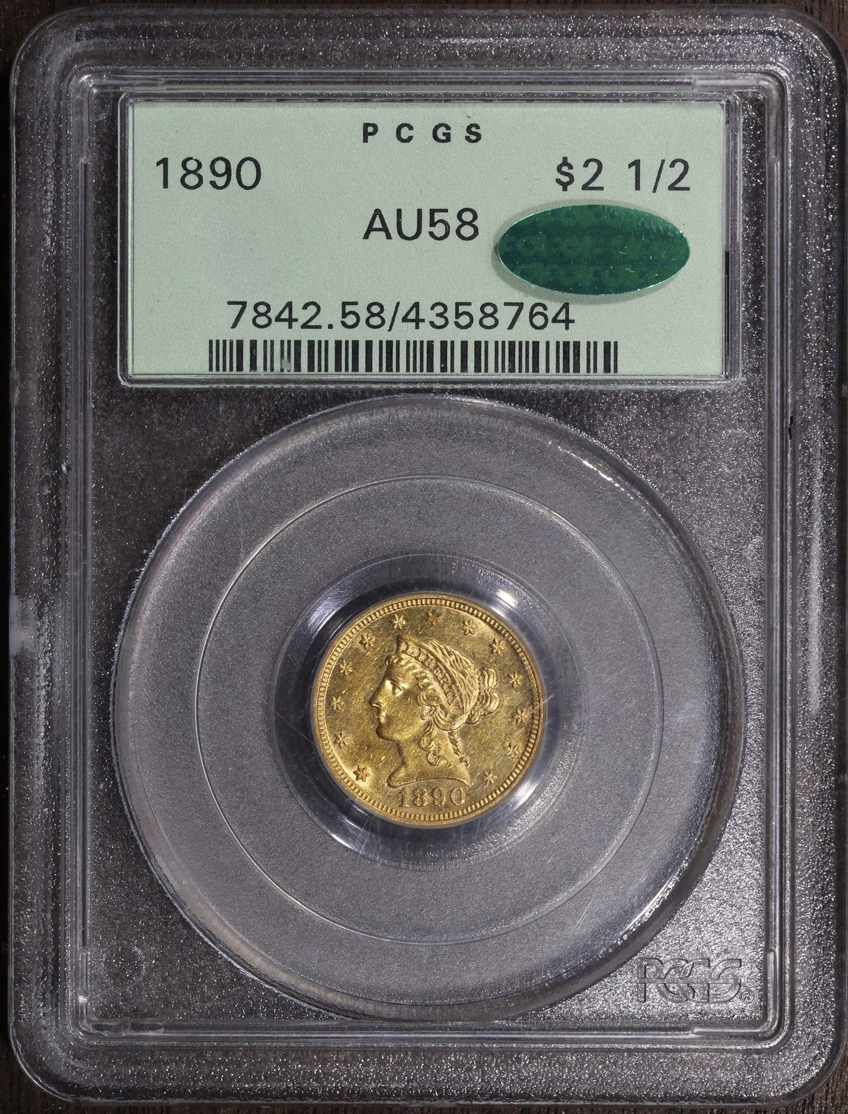 1890 (AU58 CAC) Liberty Head Gold Quarter Eagle $2.50 PCGS OGH