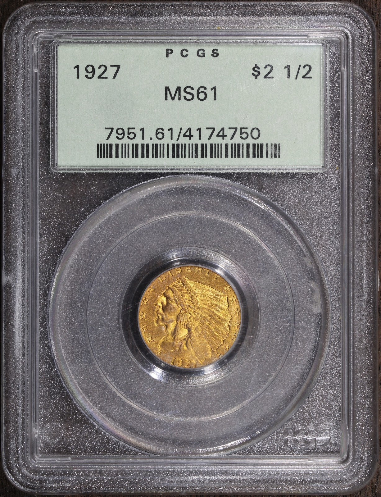 1927 (MS61) Indian Head Gold Quarter Eagle $2.50 PCGS OGH - Toned Gold