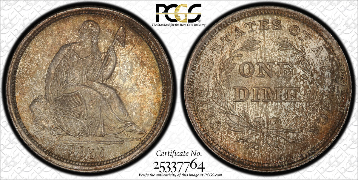 1837 (MS66 CAC) Seated Liberty Dime 10C PCGS - No Stars, Large Date