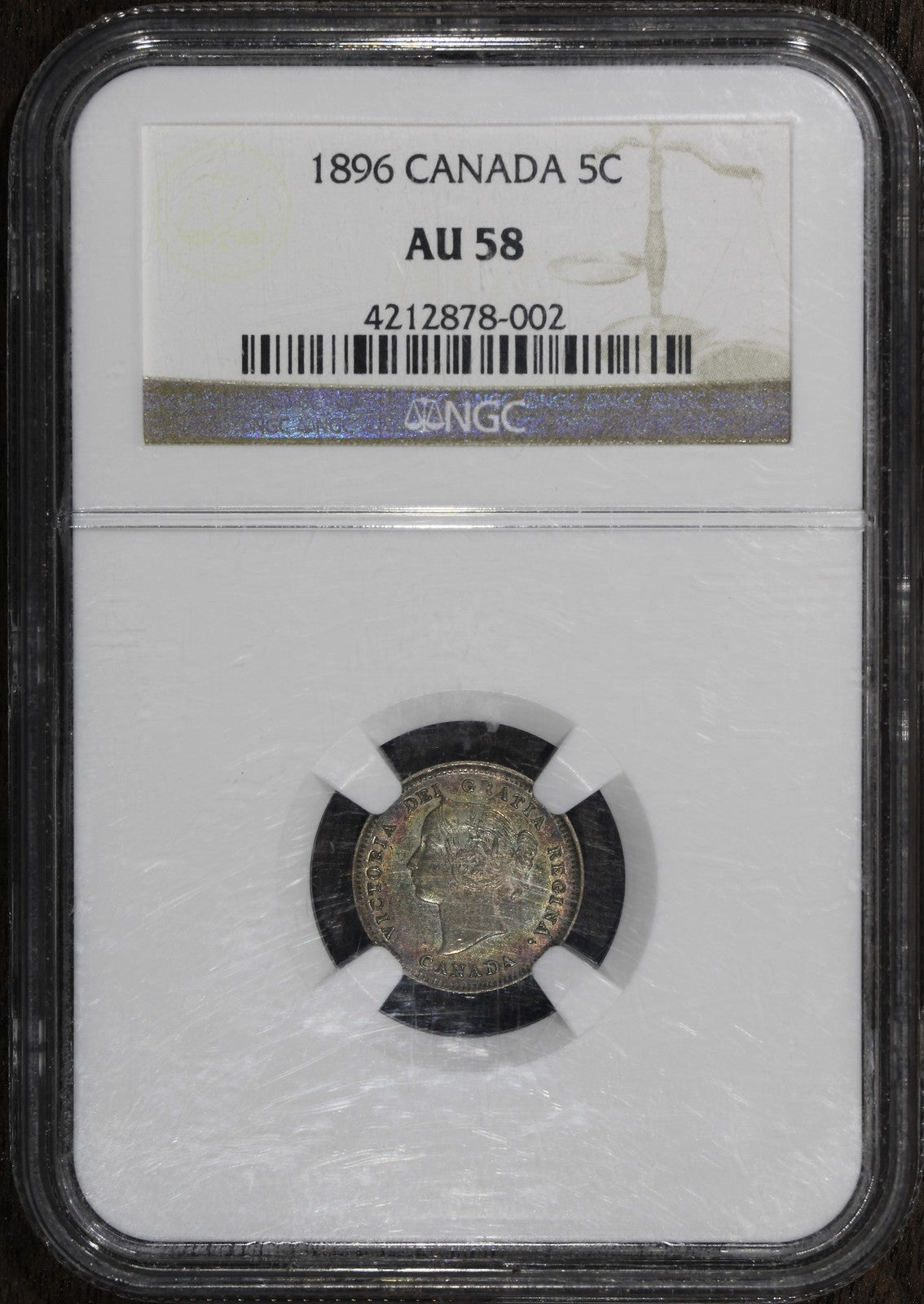1896 (AU58) Canada 5 Cents 5C NGC - Victoria Rainbow Toning