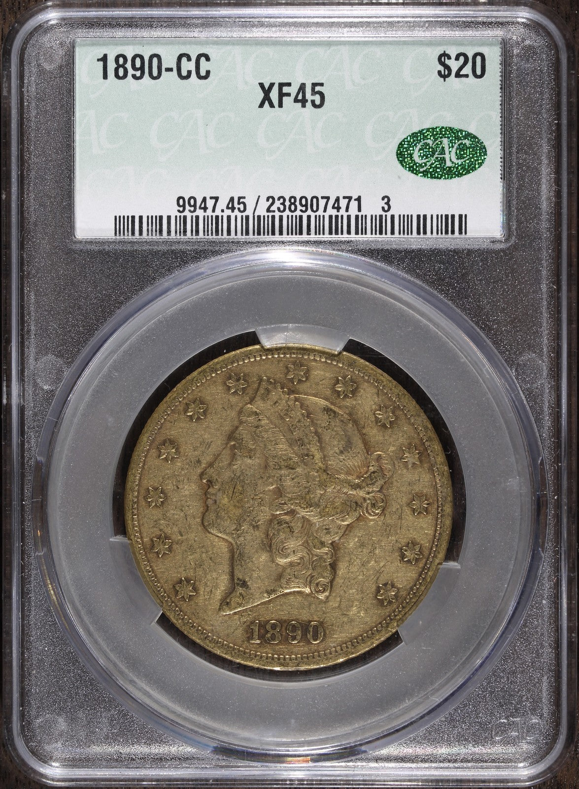 1890-CC (XF45 CAC) Liberty Head Gold Double Eagle $20 CACG - Carson City Gold