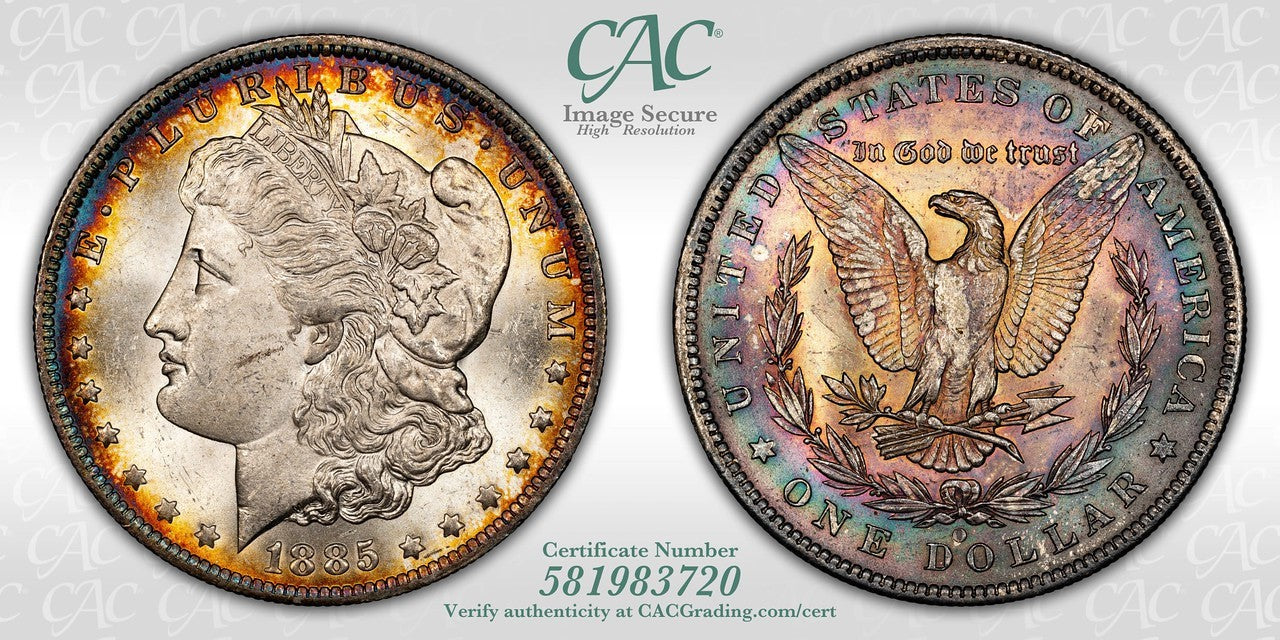 1885-O (MS63) Morgan Silver Dollar $1 CACG - Rainbow Toned!