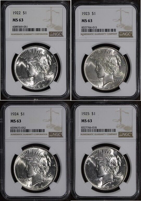 (Lot of 4) MS63 NGC Peace Silver Dollars set $1 1922-P, 1923, 1924, 1925