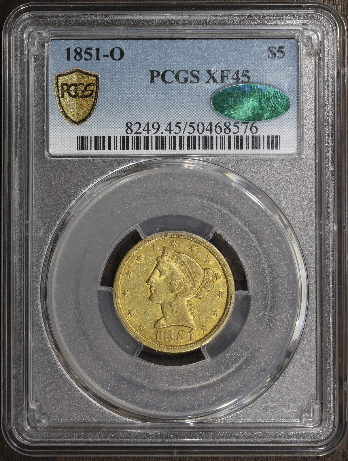1851-O (XF45 CAC) Liberty Head Gold Half Eagle $5 PCGS