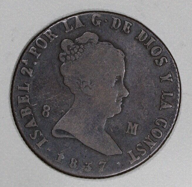 1837-Ja Spain 8 Maravedis Copper Coin