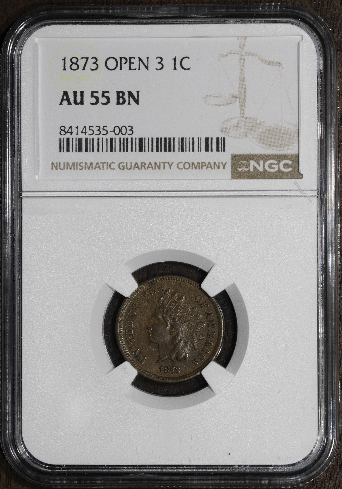 1873 (AU55 BN) Indian Head Cent 1C IHC NGC - Open 3