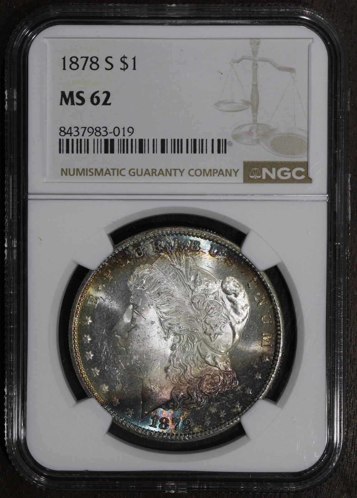 1879-S (MS62) Morgan Silver Dollar $1 PCGS - Rainbow Toned, Holder Error