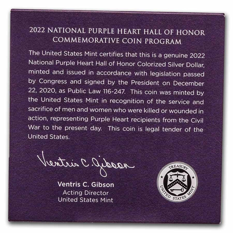 2022-W National Purple Heart Hall of Honor COLORIZED Silver Dollar Coin OGP