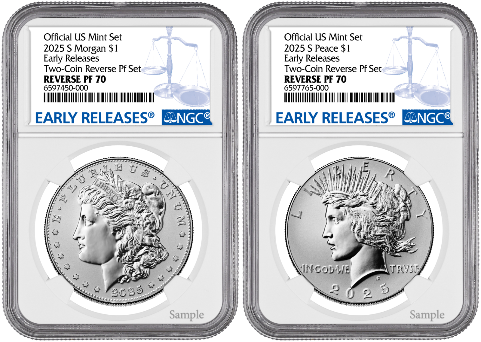 2025-S (PF70) Reverse Proof Morgan & Peace Silver Dollar (2 Coin Set) Ear ER NGC