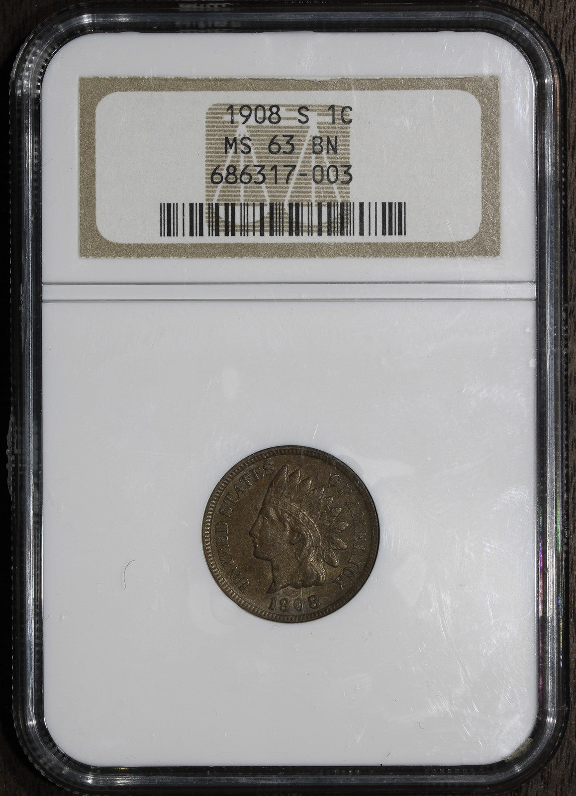 1908-S (MS63 BN) Indian Head Cent 1C IHC NGC - Key Date!
