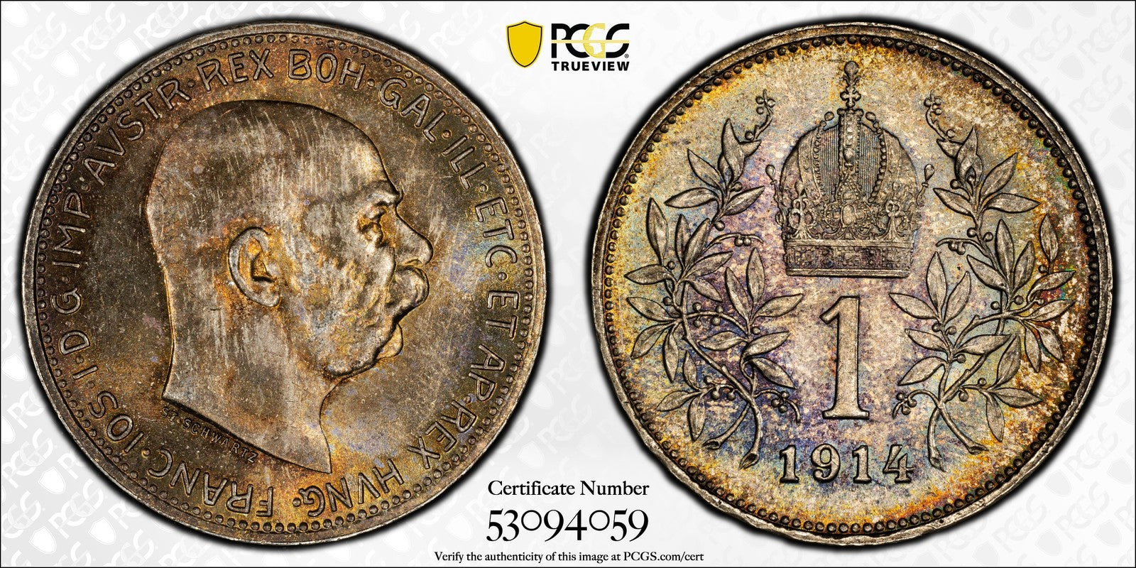 1914 (MS65) Austria Franz Joseph Silver 1 Corona PCGS - Rainbow Toned GEM