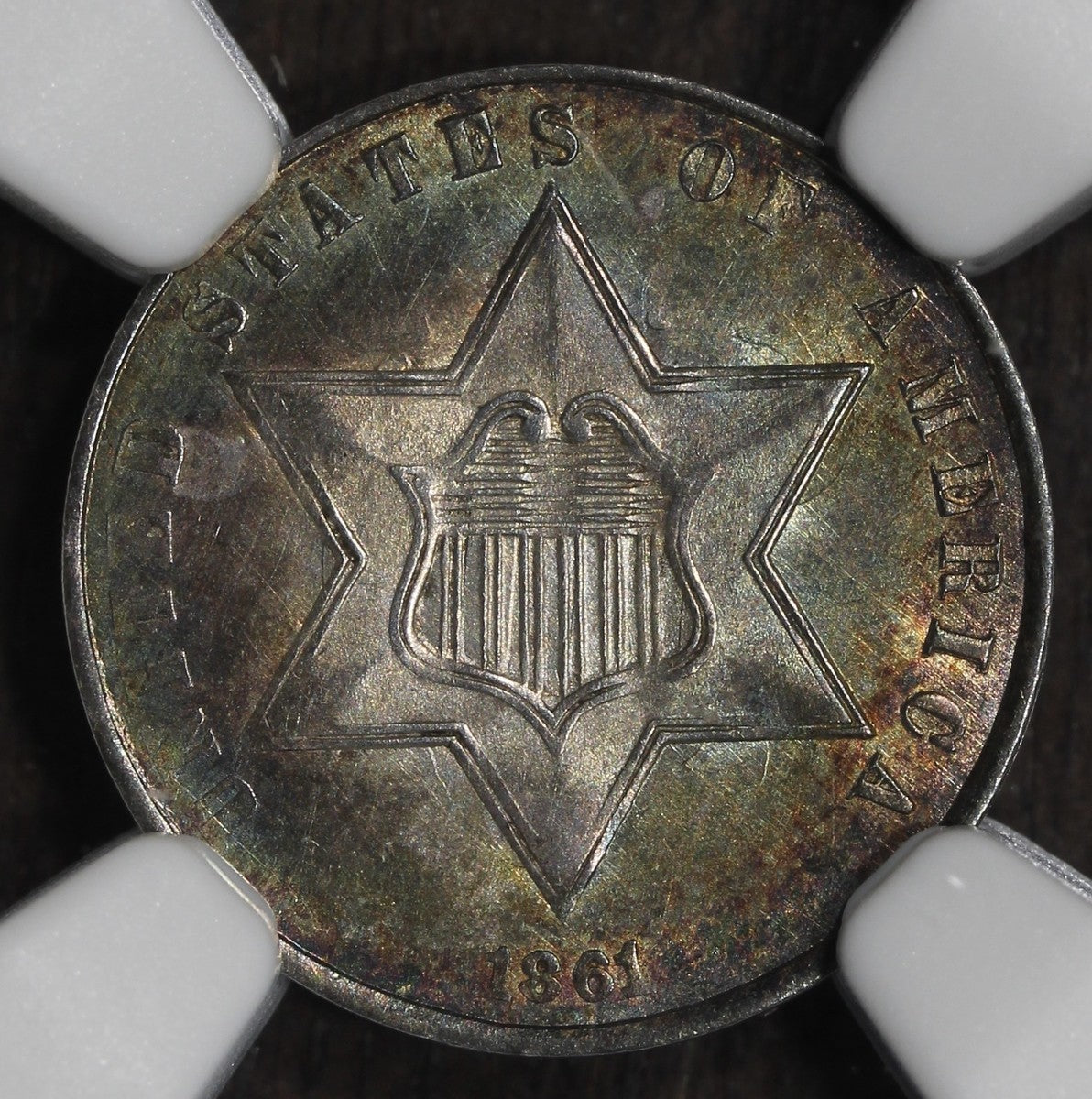 1861 (MS64) Three Cent Silver Trime 3CS NGC - Colorful Tone
