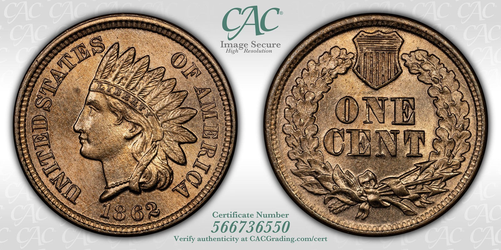 1862 (MS65 CAC) Indian Head Cent 1C CACG - GEM IHC