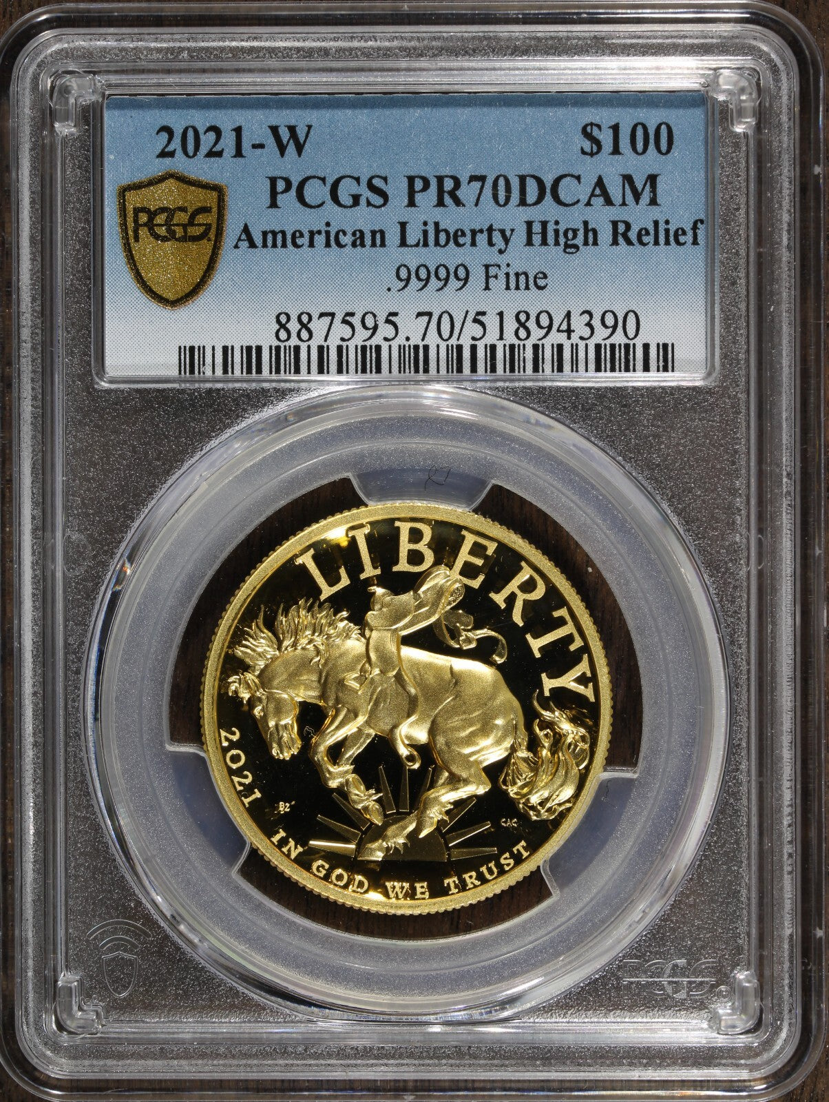 2021-W (PR70) 1 oz High Relief Proof Gold American Liberty $100 PCGS - Bronco
