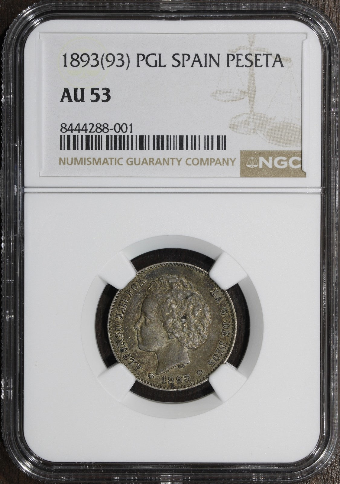 1893 PGL (AU53) Spain 1 Peseta NGC - Rare Two Year Type