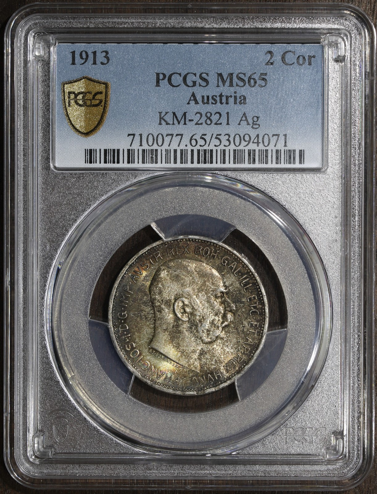 1914 (MS65) Austria Franz Joseph Silver 2 Corona PCGS - Tape Toned Gem!