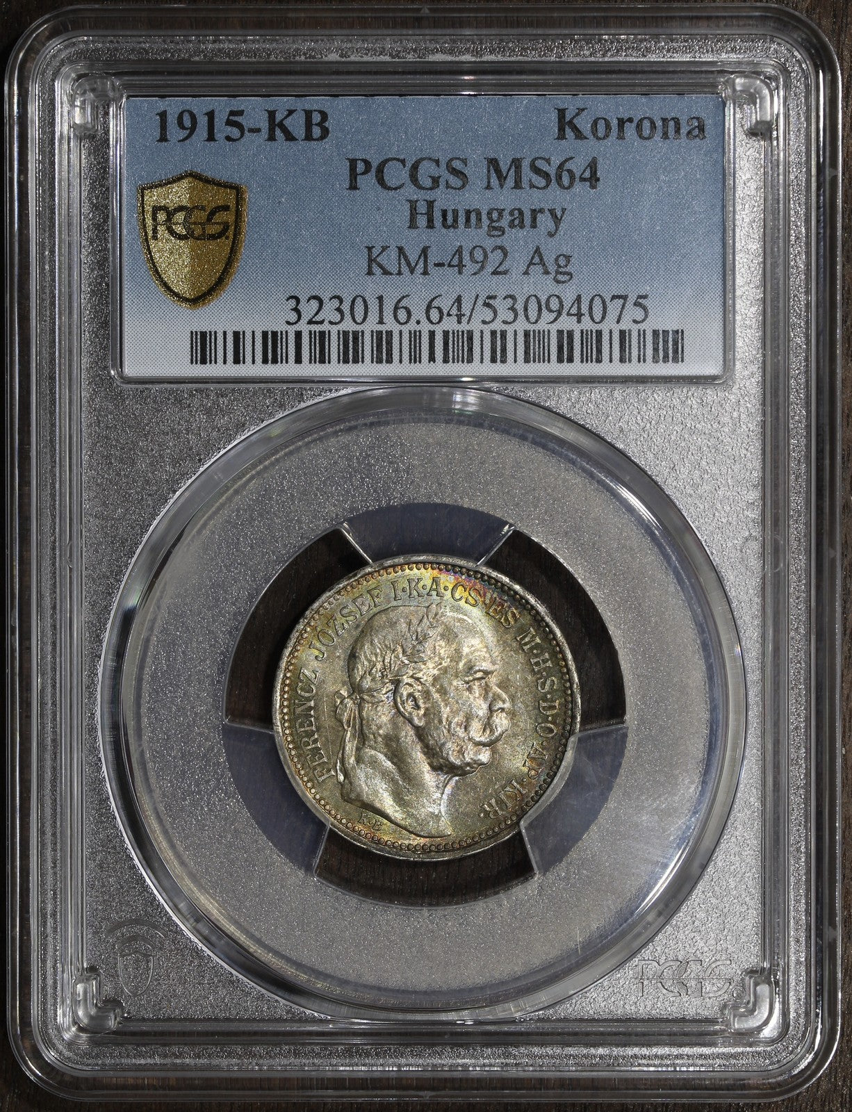 1915-KB (MS64) Hungary Franz Joseph Silver 1 Corona PCGS - Rainbow Toned