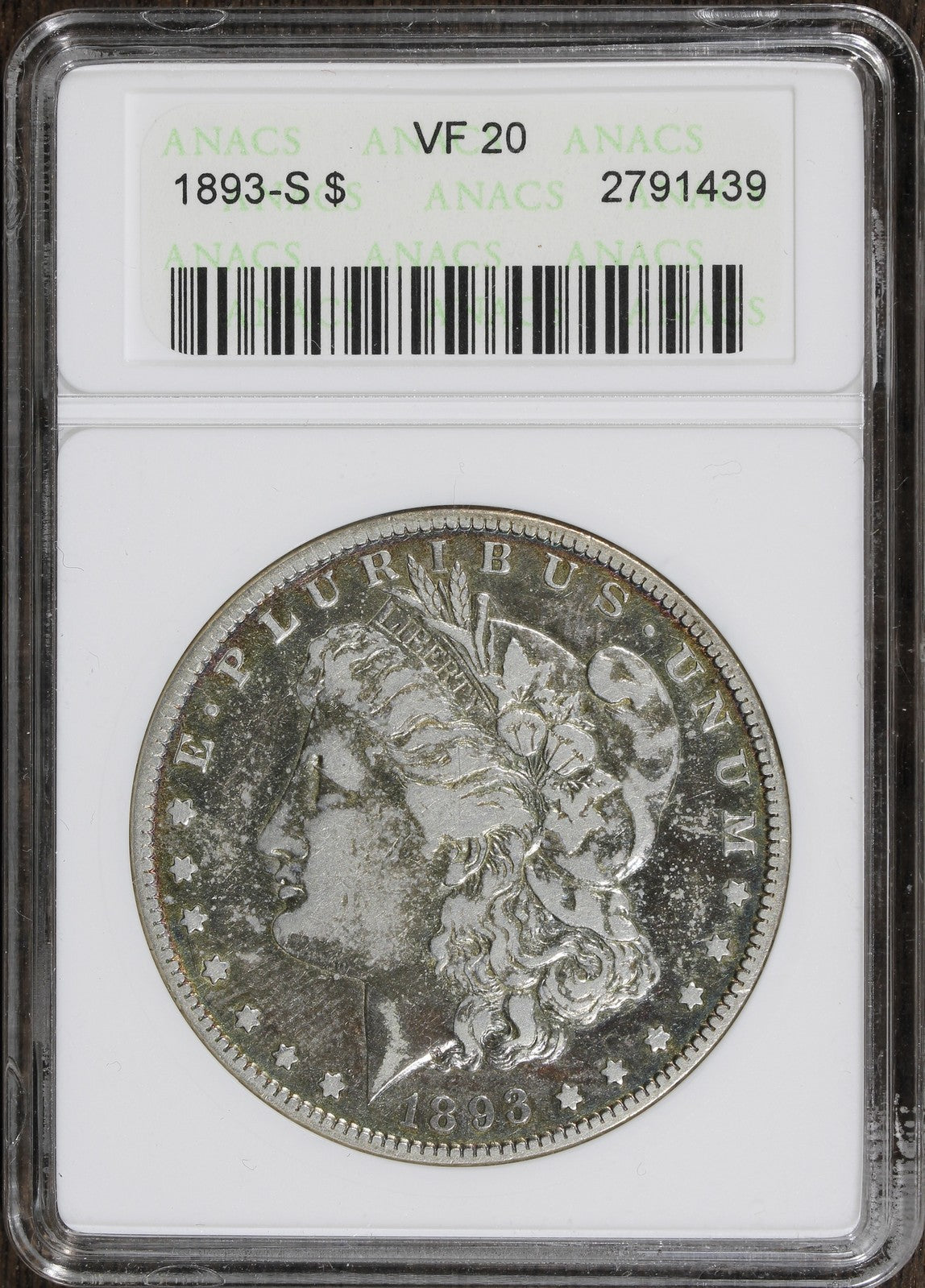 1893-S (VF20) Morgan Silver Dollar $1 ANACS Soapbox - Old Holder, Toned