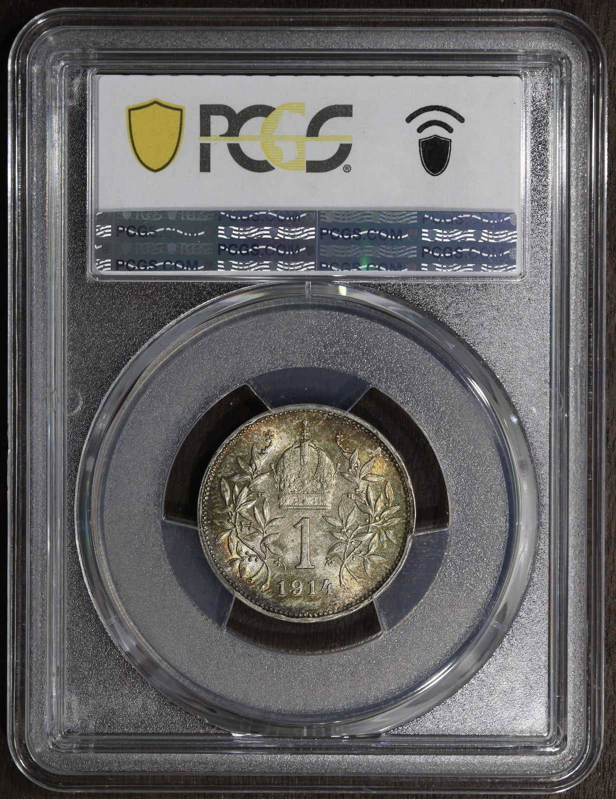 1914 (MS66) Austria Franz Joseph Silver 1 Corona PCGS - Rainbow Toned Top Pop