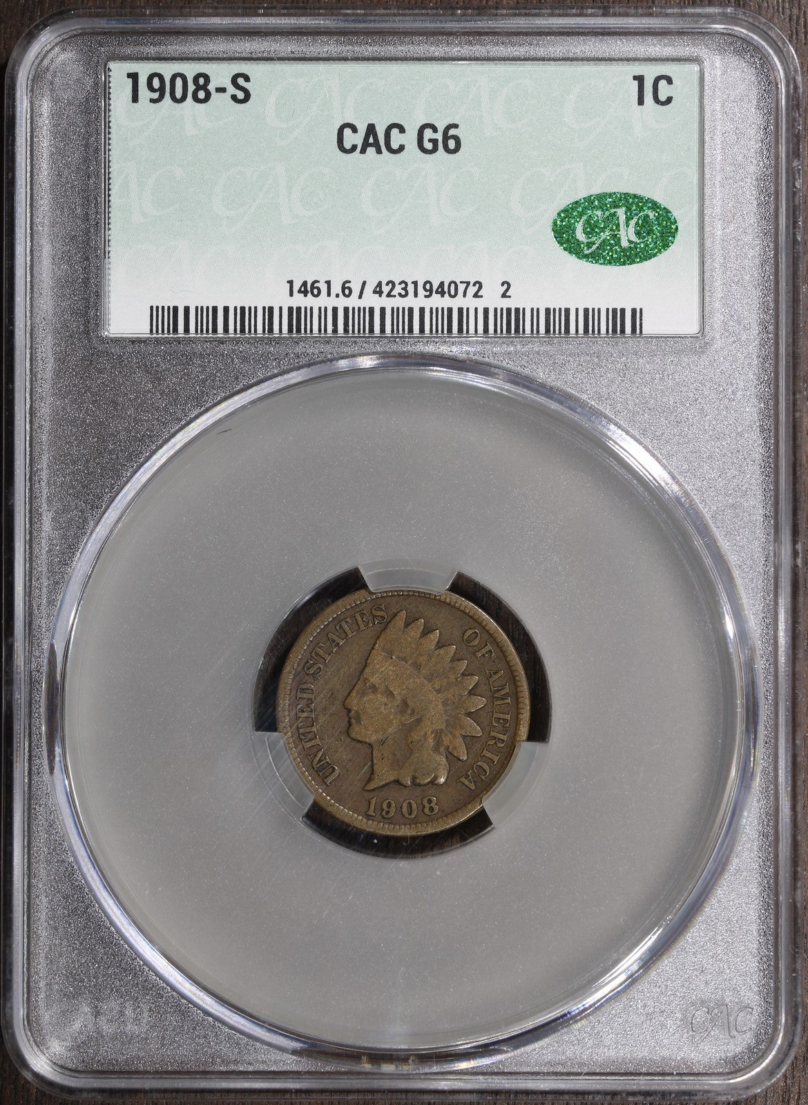 1908-S (G6 CAC) Indian Head Cent 1C IHC CACG - KEY DATE