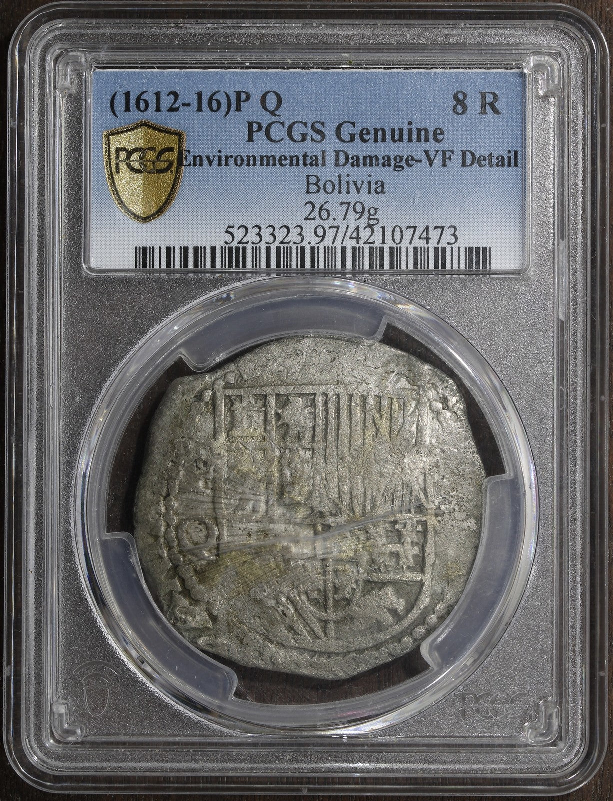 (1612-16) PQ (VF Detail) Boliva Cob Silver 8 Reales 8R PCGS - Damaged Holder