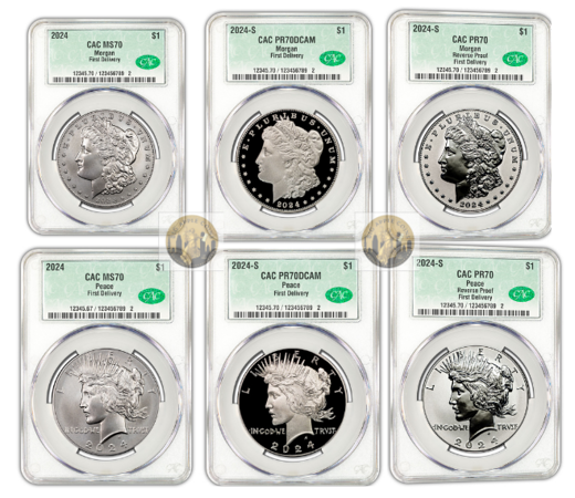 2024 (MS/PR/RP70) 6-Coin Set $1 Morgan/Peace Silver Dollar CAC FD First Delivery
