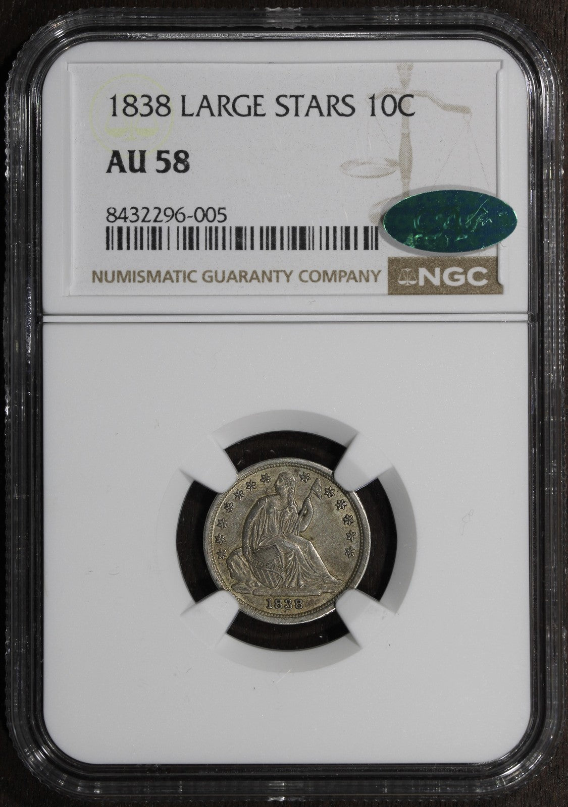 1838 (AU58 CAC) Seated Liberty Dime 10C NGC - Large Stars
