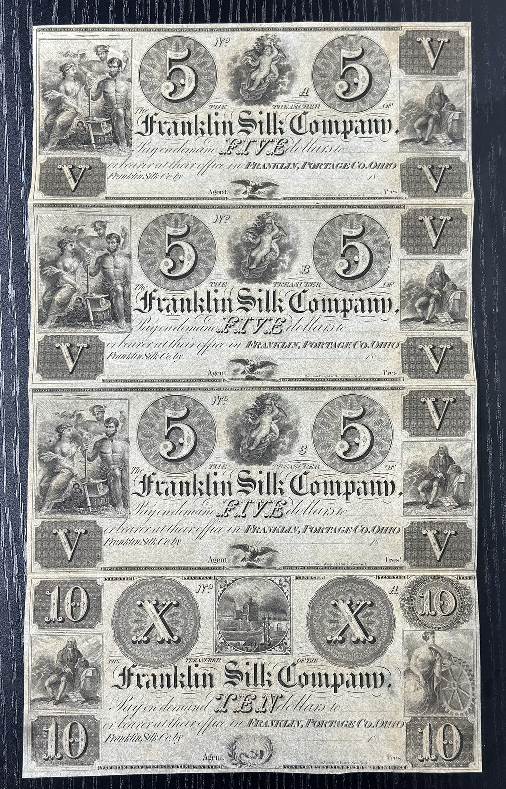 1800's Franklin Silk Company Obsolete Bank Note Uncut Sheet $5,5,5,10 - Remainer