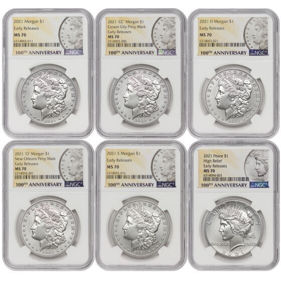 2021 Morgan & Peace Silver Dollars NGC ER Early Releases MS70 - 6 Coin Set