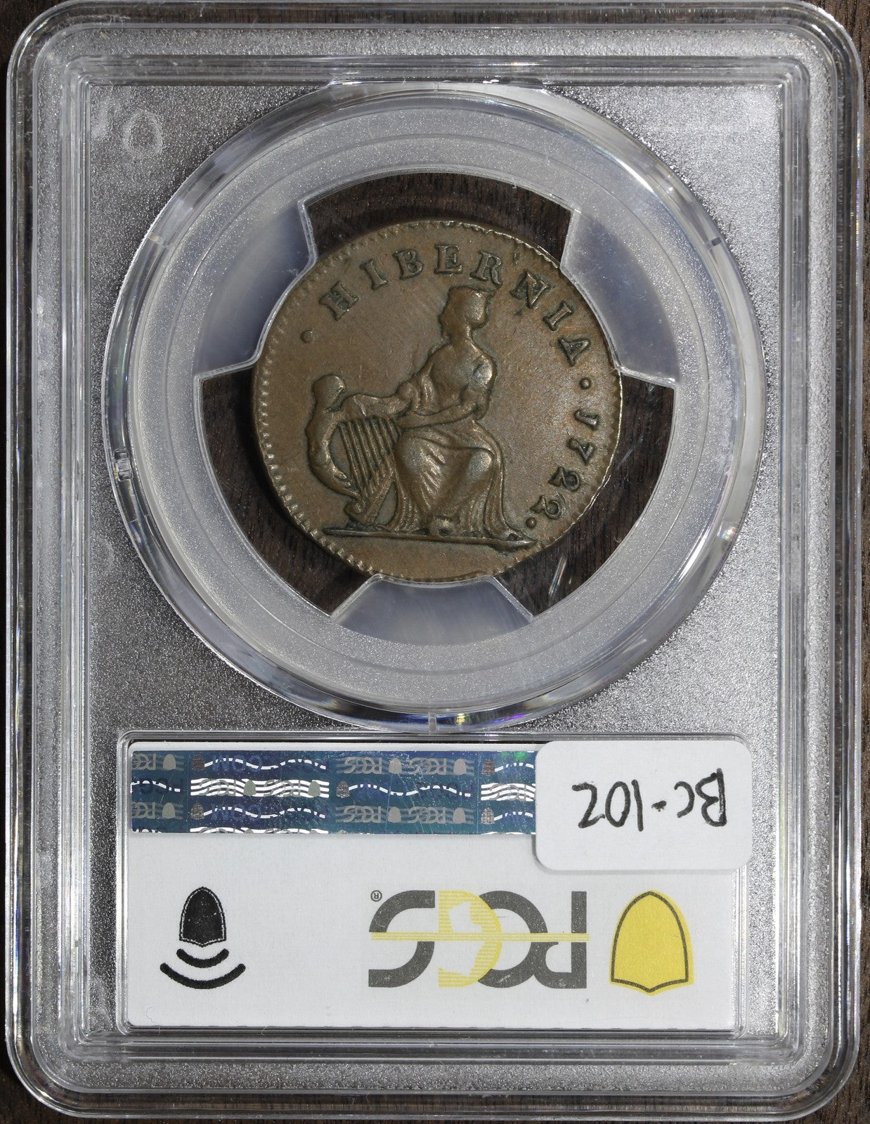 1722 (AU53) Hibernia Halfpenny Harp Left 1/2P PCGS - Colonial