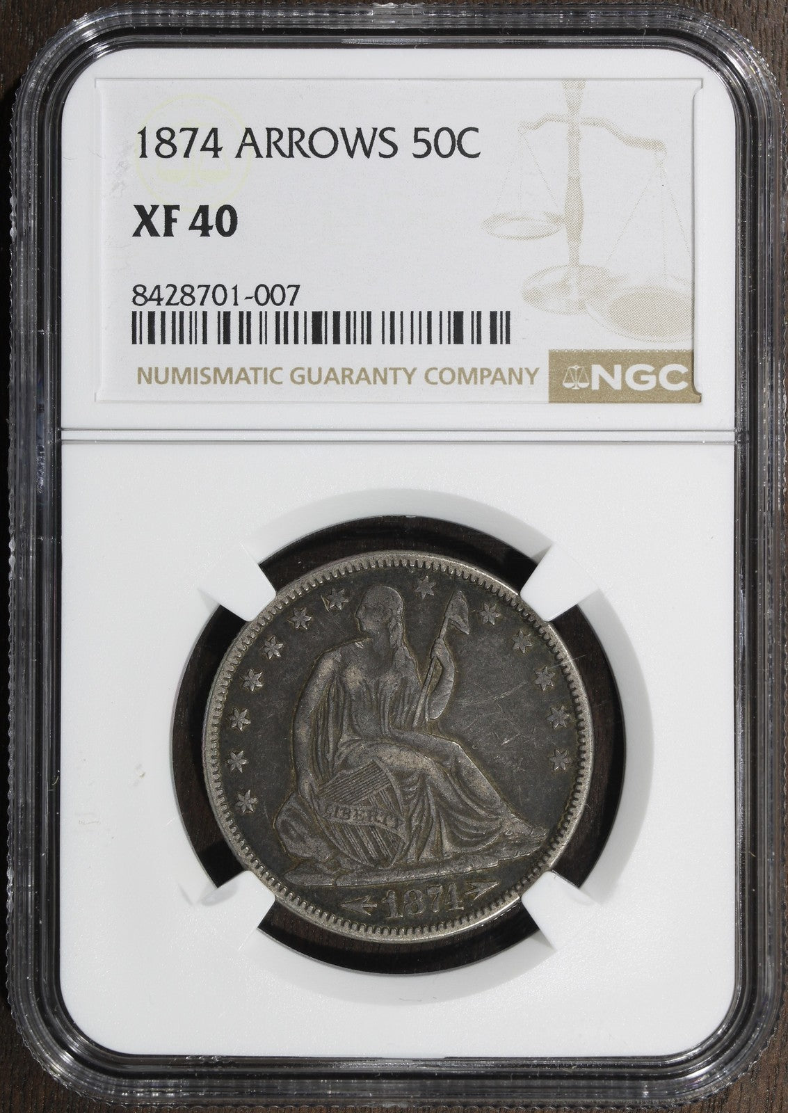 1874 (XF40) Seated Liberty Half Dollar 50C NGC - With Arrows