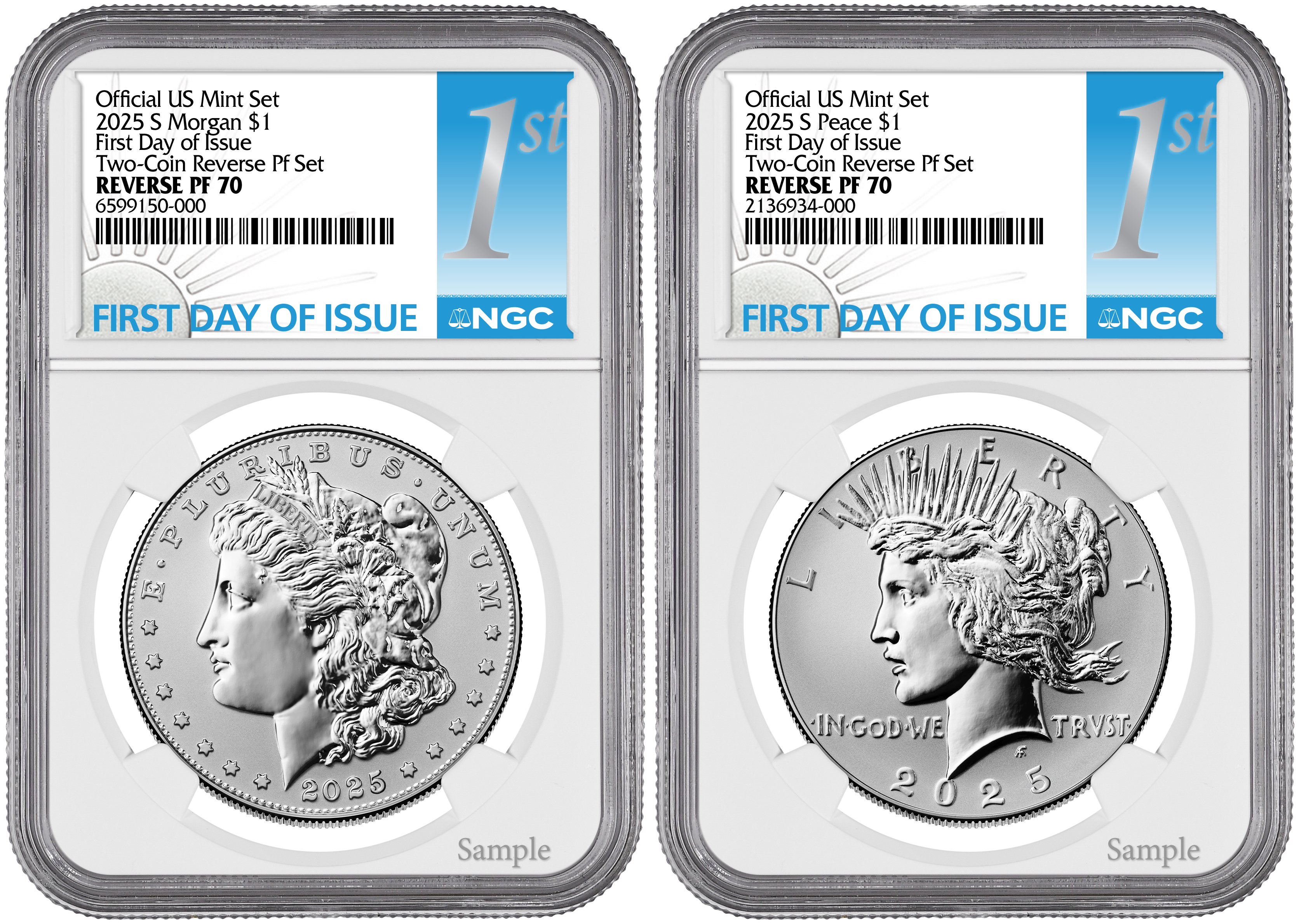2025-S (PF70) Reverse Proof Morgan & Peace Silver Dollar (2 Coin Set) FDOI NGC