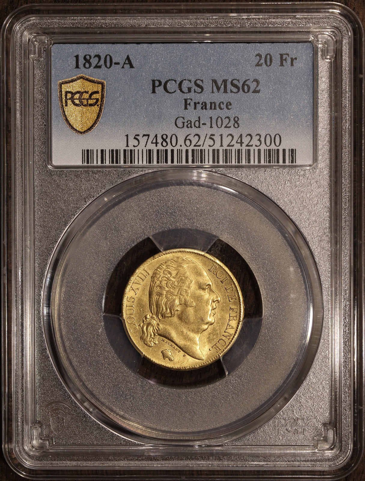 1820-A (MS62) France Gold 20 Franc Gad-1028 PCGS - Louis XVIII
