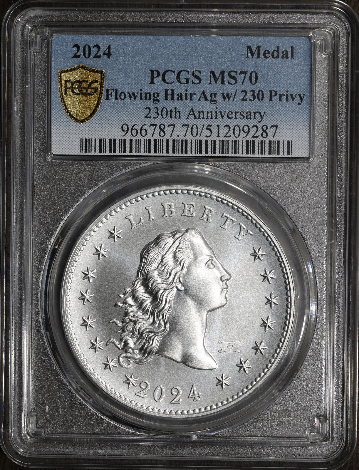 2024 (MS70) Flowing Hair Silver Medal 230th Anniversary (PRIVY) PCGS