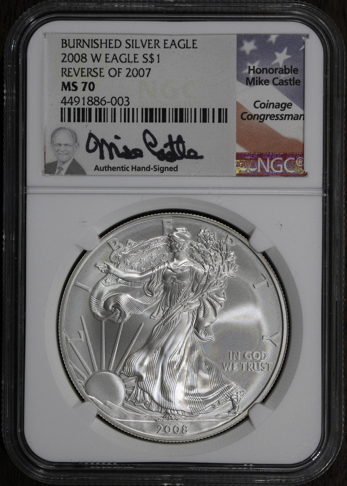 2008-W rev '07 (MS70) Burnished American Silver Eagle $1 ASE NGC - 2007 Reverse!