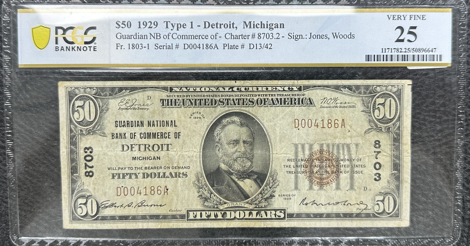 1929 (VF25) $50 Fr. 1803-1 Commercial National Bank Note PCGS - Detroit
