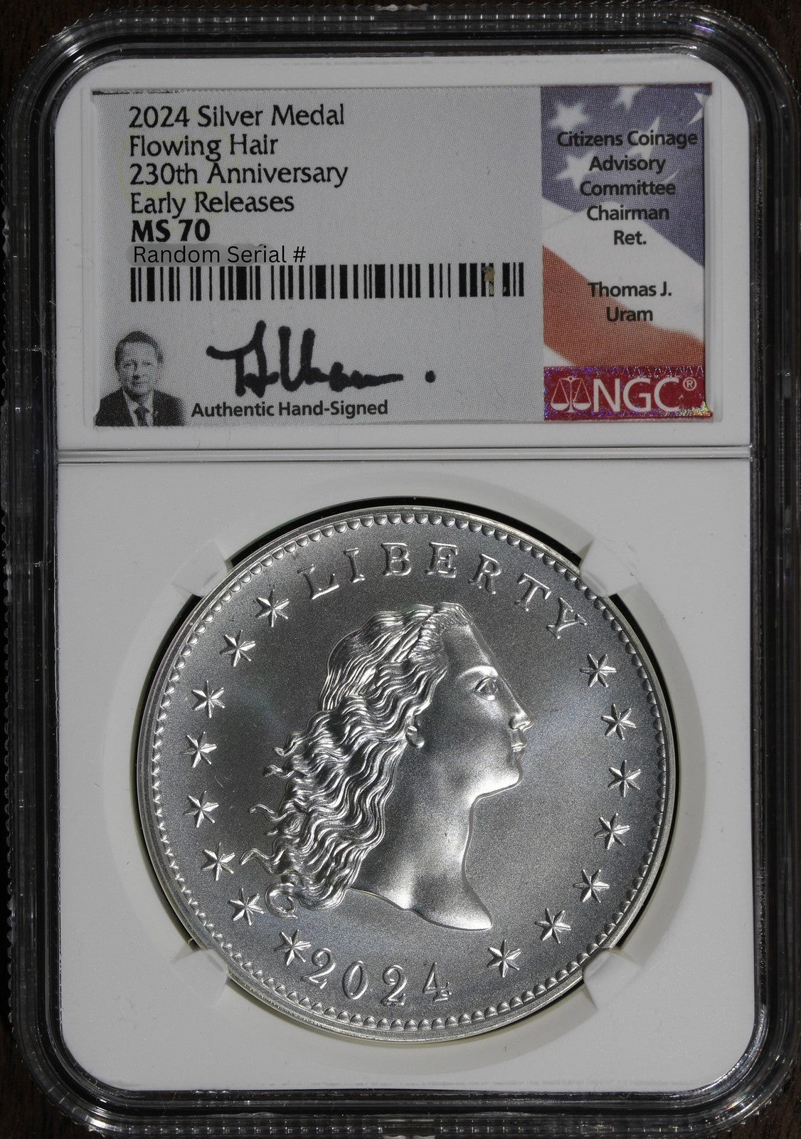 2024 (MS70) Flowing Hair Silver Medal 230th Anniversary NGC - Signed Thomas Uram