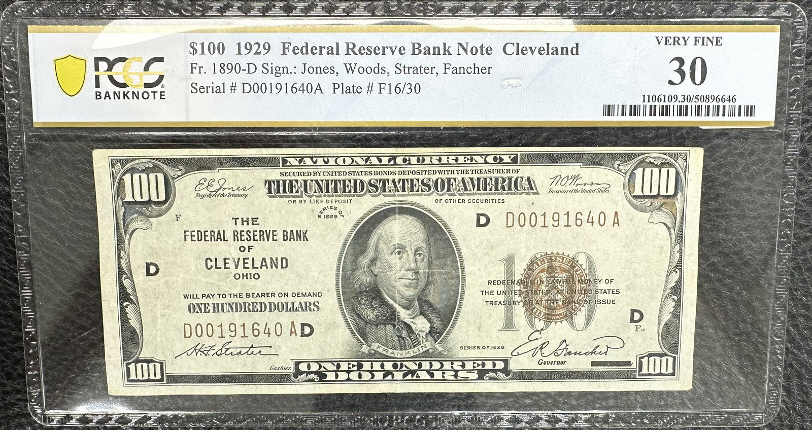 1929 (VF35) $100 Fr. 1890-D Federal Reserve Bank Note Cleveland PCGS