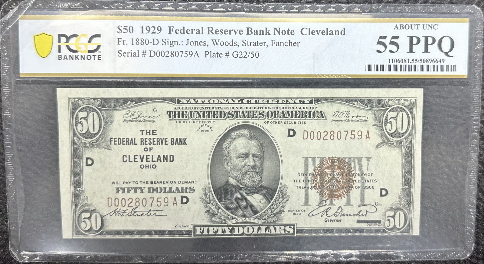 1929 (AU55PPQ) $50 Fr. 1880-D Federal Reserve Bank Note Cleveland PCGS
