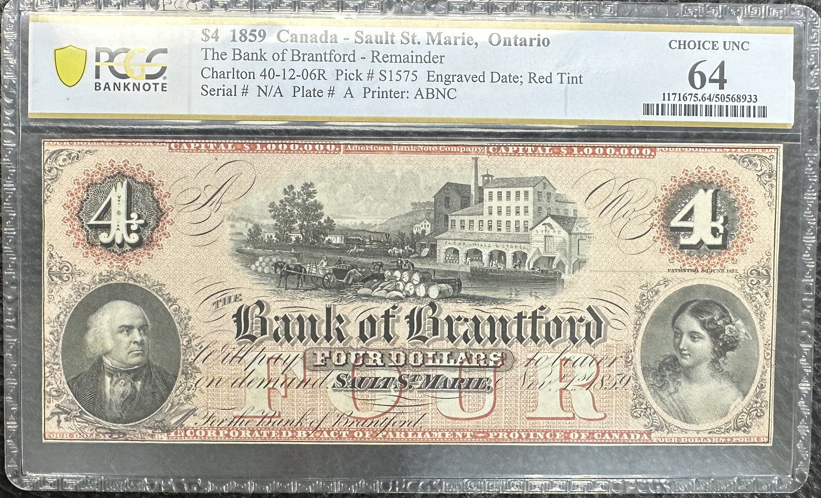 1859 (MS64) $4 Bank of Brantford Remainder - Canada, Ontario