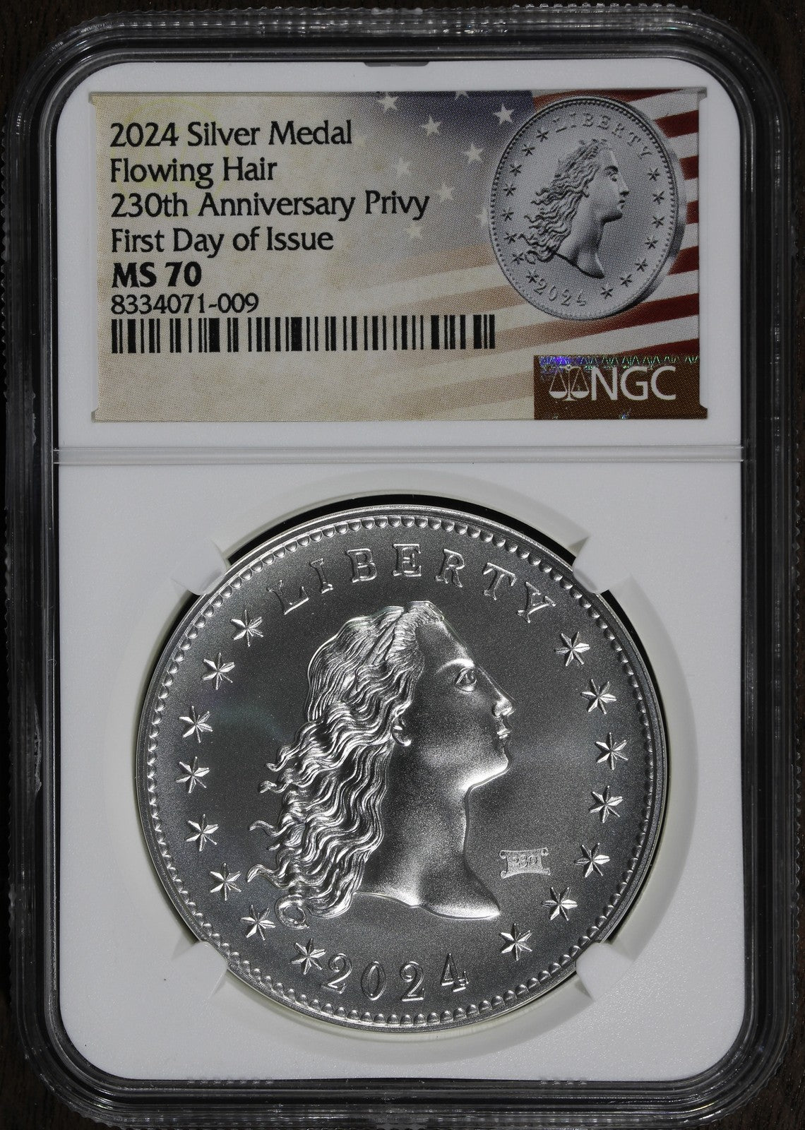 2024 (MS70) Flowing Hair Silver Medal 230th PRIVY NGC FDOI First Day of Issue
