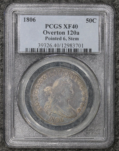 1806 (XF40) Draped Bust Half Dollar Overton 120a Pointed 6, Stem 50c PCGS