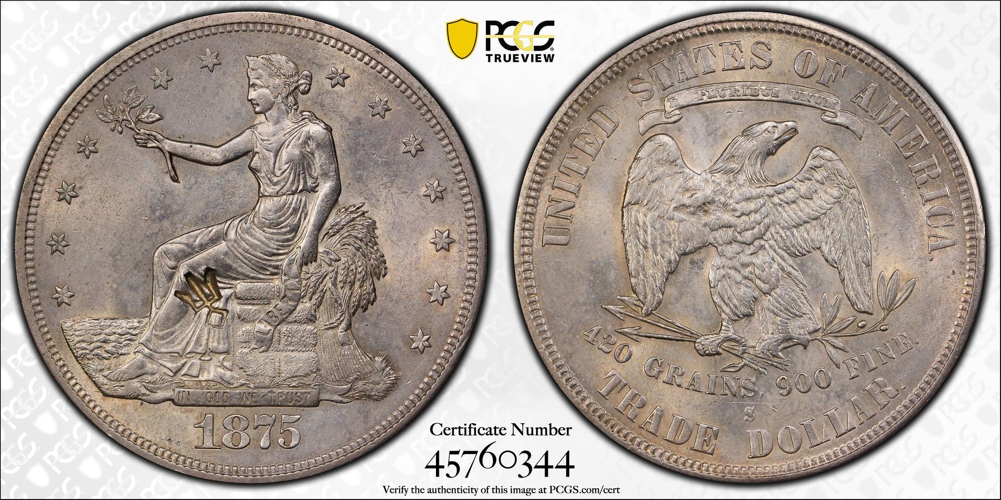 1875-S (MS61 - chopmarks) $1 Trade Silver Dollar PCGS (obv 1, rev 2)