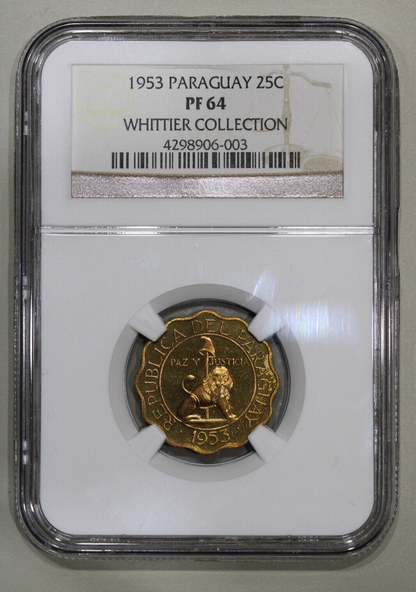 1953 Paraguay 25 Centavos EX-Whittier Pattern Proof Nickel Brass Coin NGC PF 64