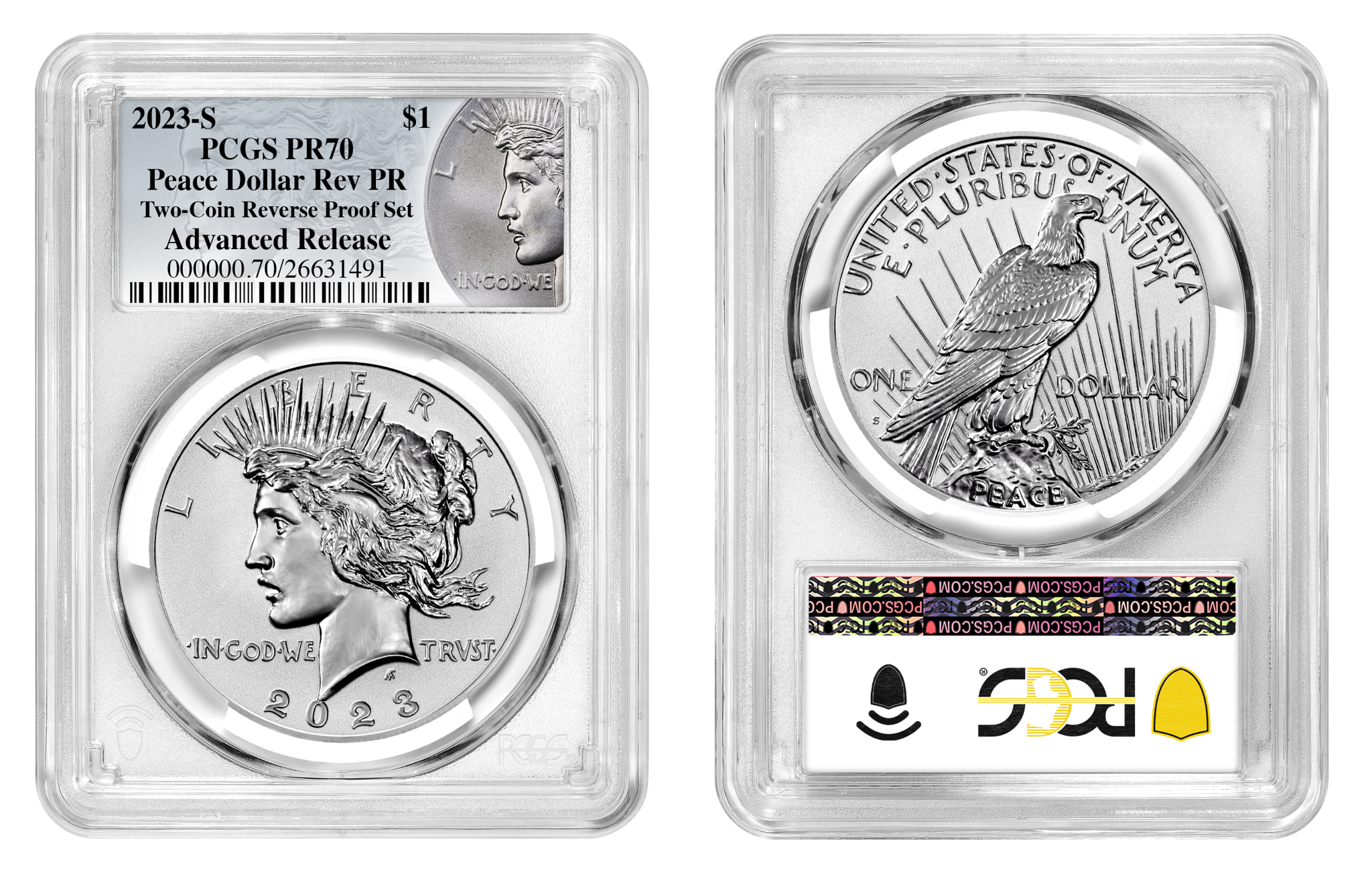 2023-S (PR70) Two Coin Set Reverse Proof $1 Morgan & Peace Advanced Release PCGS